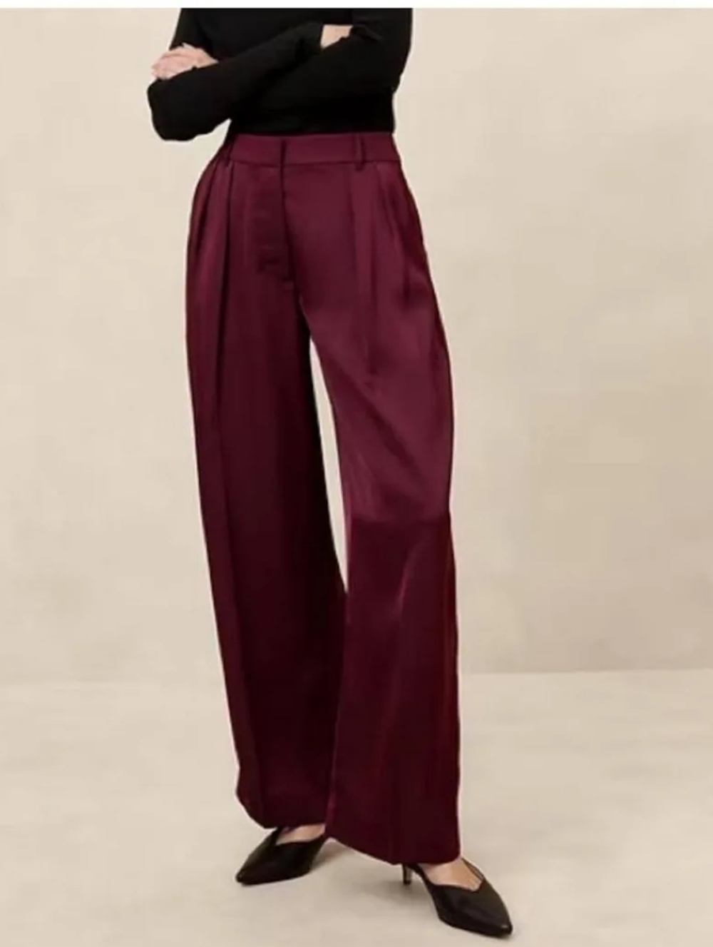 Banana Republic Wide-Leg Satin Pleated Pants in Deep Wine